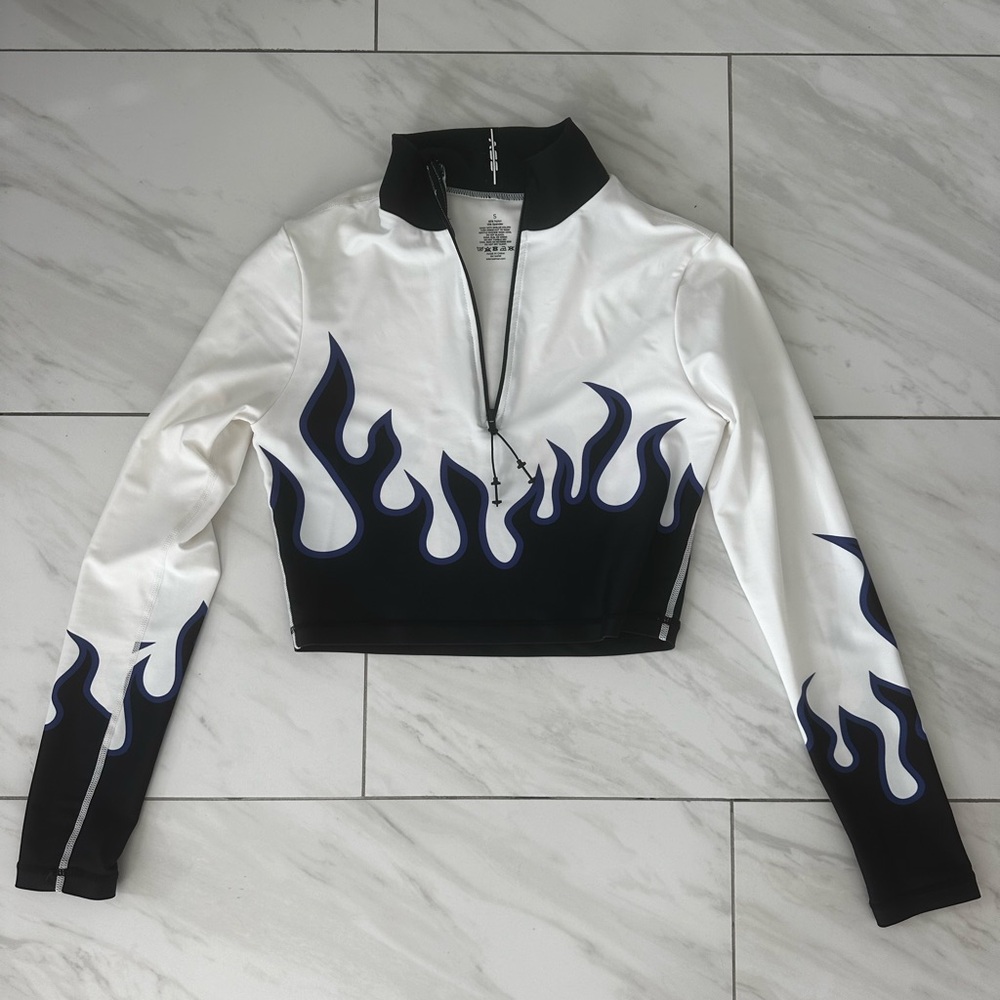 Adam Selman Black/Blue and White Flame Graphic Long Sleeve Crop Top